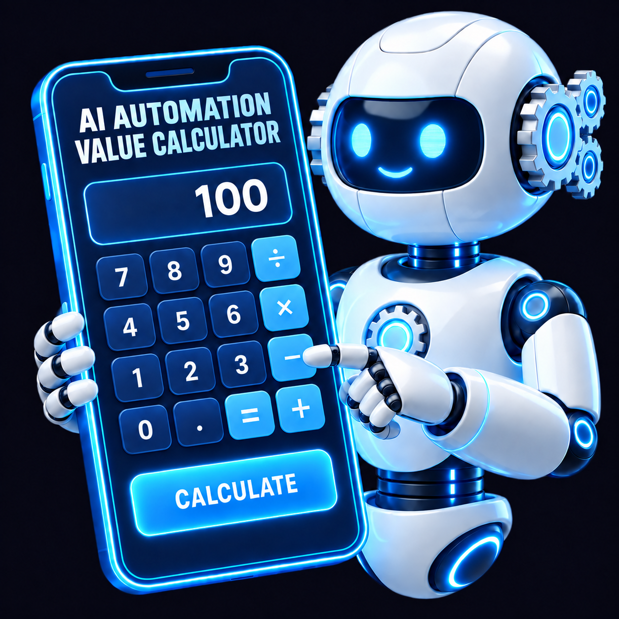 AI automation robot presenting the value calculator on a phone